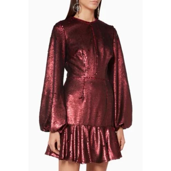 Keepsake The Label Maroon Fully Sequin Balloon Sleeve Flounce Mini Dress Small - Picture 1 of 14